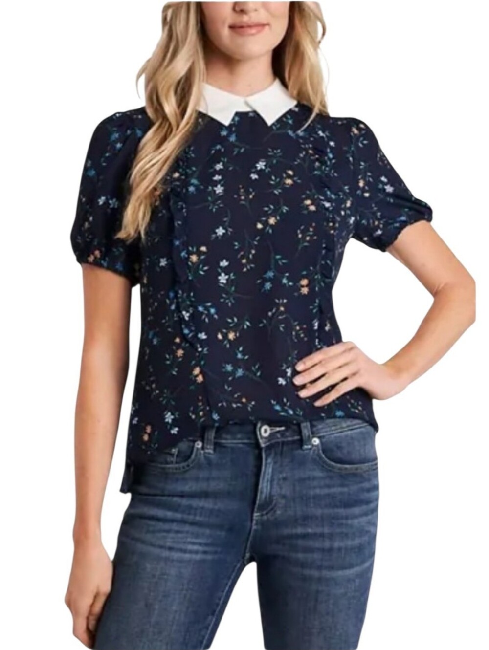 Women's CeCe Floral Print Peter Pan Collar Top Sz XS